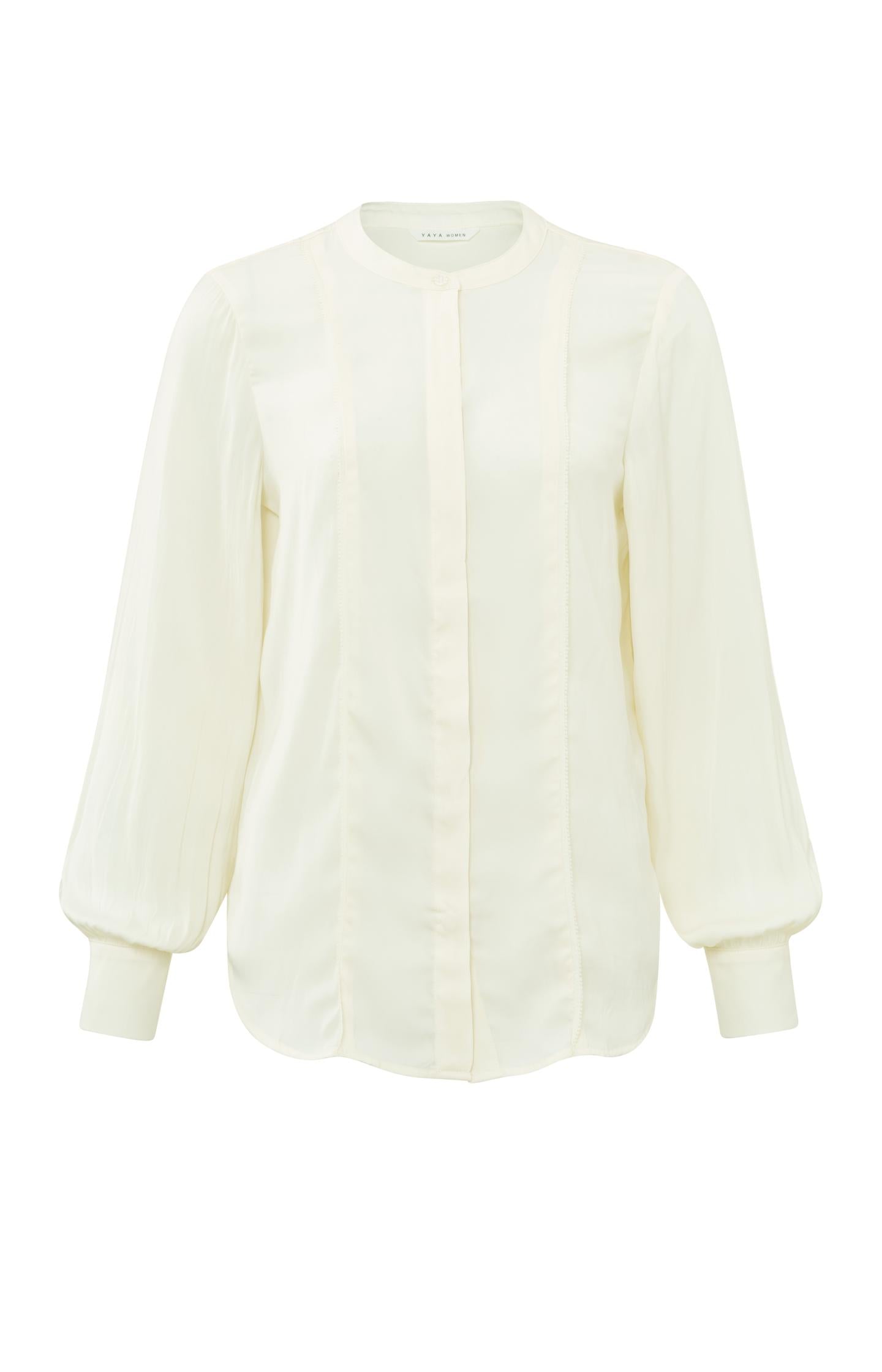 Blouse with round neck, balloon sleeves and scallop edge - Ivory White - Type: product