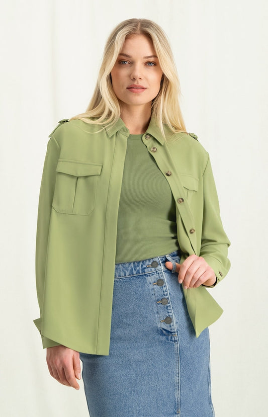 Cargo blouse with collar, long sleeves, buttons and pockets - Sage Green - Type: lookbook