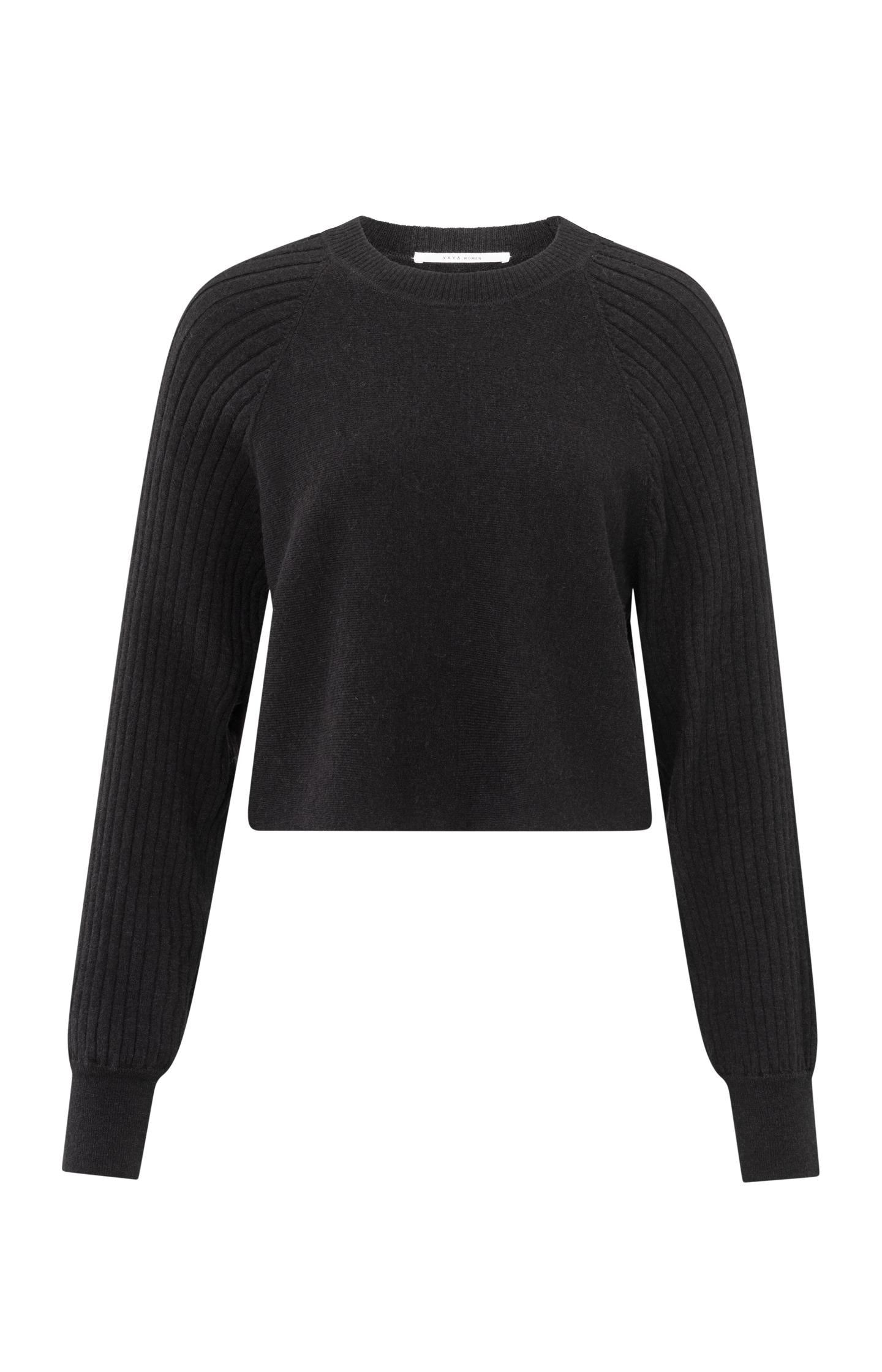 Black sweater with round neck and ribbed long sleeves - Type: product