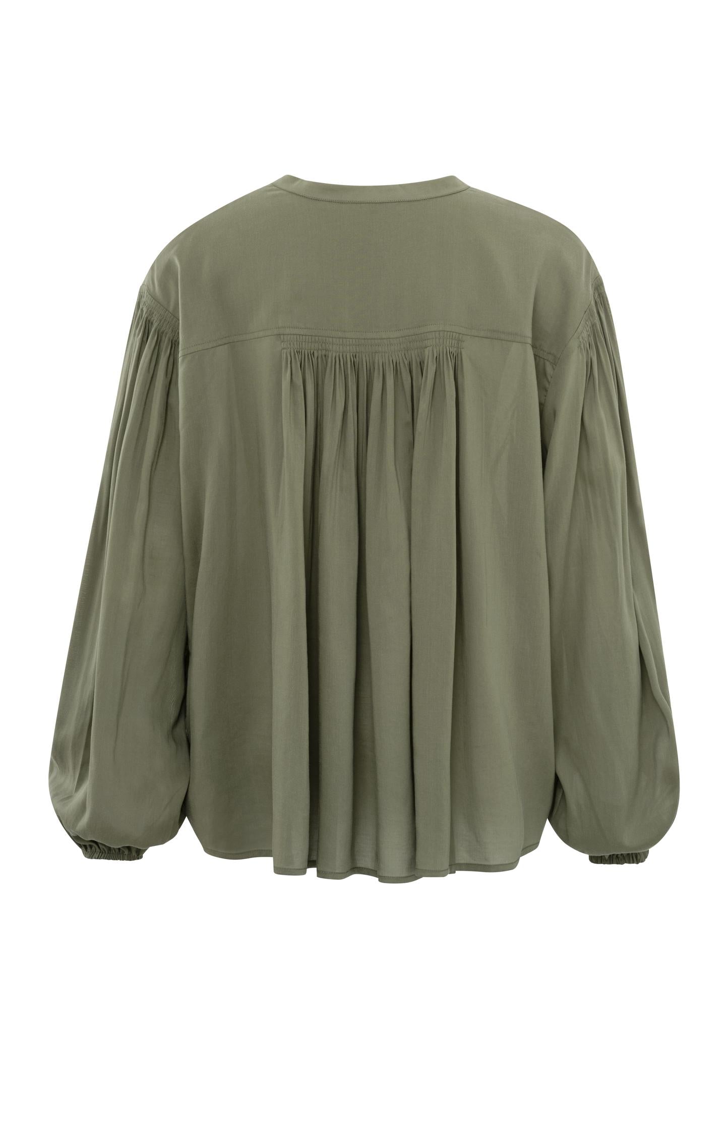 Blouse with V-neck, long wide sleeves and pleated details