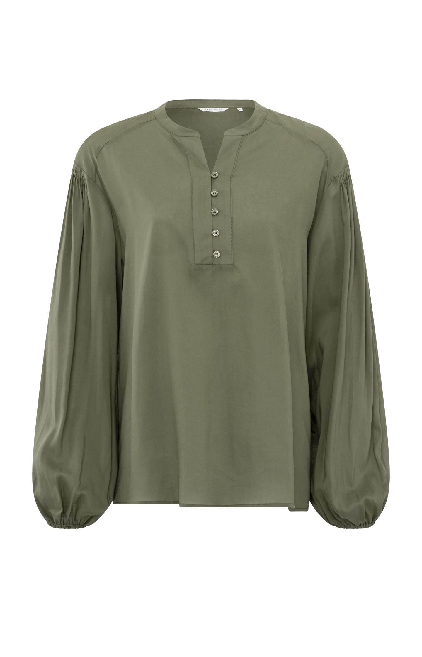 Blouse with V-neck, long wide sleeves and pleated details - Type: product