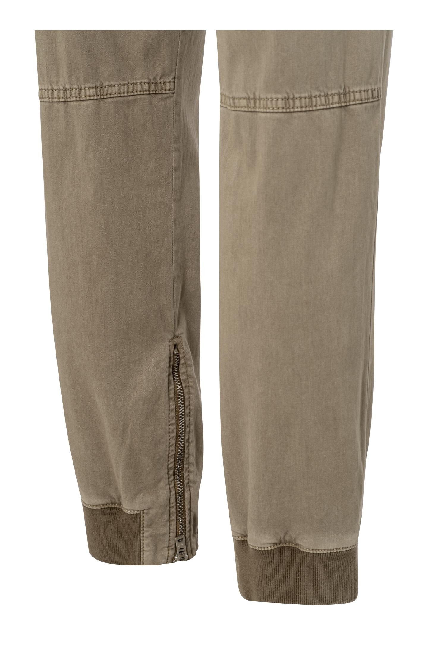 Brown cargo pants with straight elastic legs and zippers