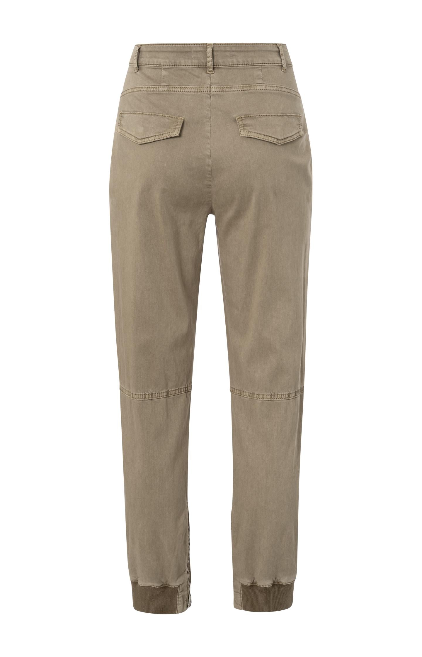 Brown cargo pants with straight elastic legs and zippers