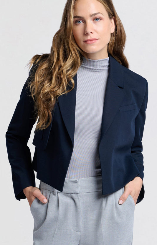 Dark blue woven cropped blazer with unique pocket detail