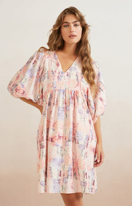 Dress with V-neck, large balloon sleeves and colorful print