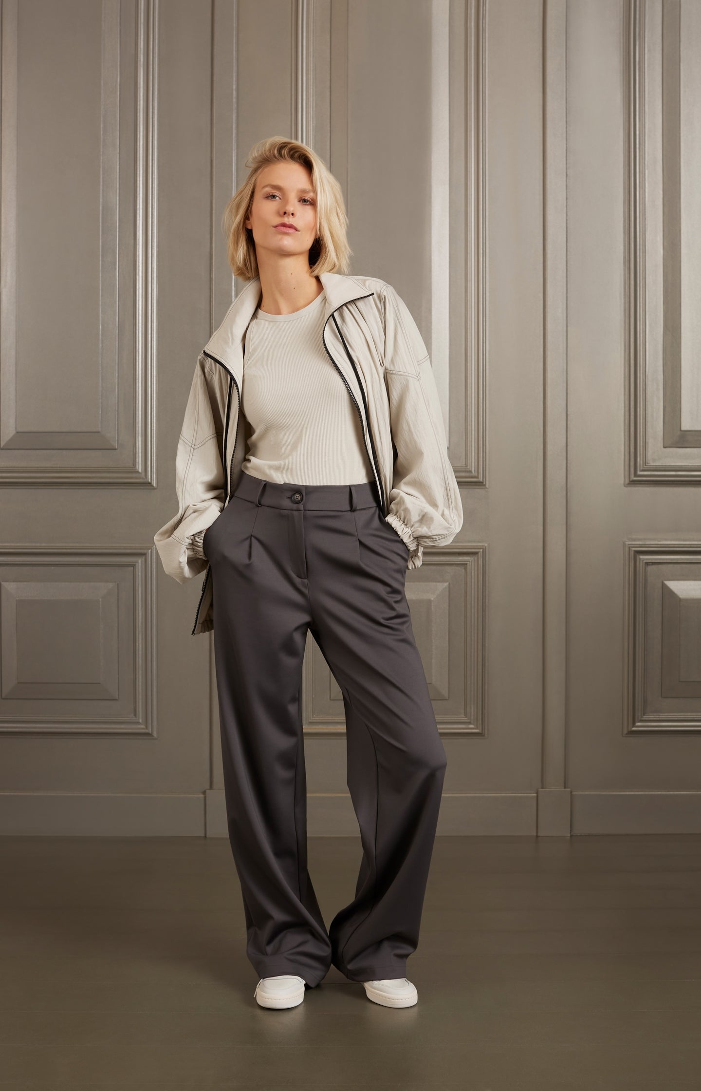 Jersey trousers with wide legs and pleated details - Type: lookbook