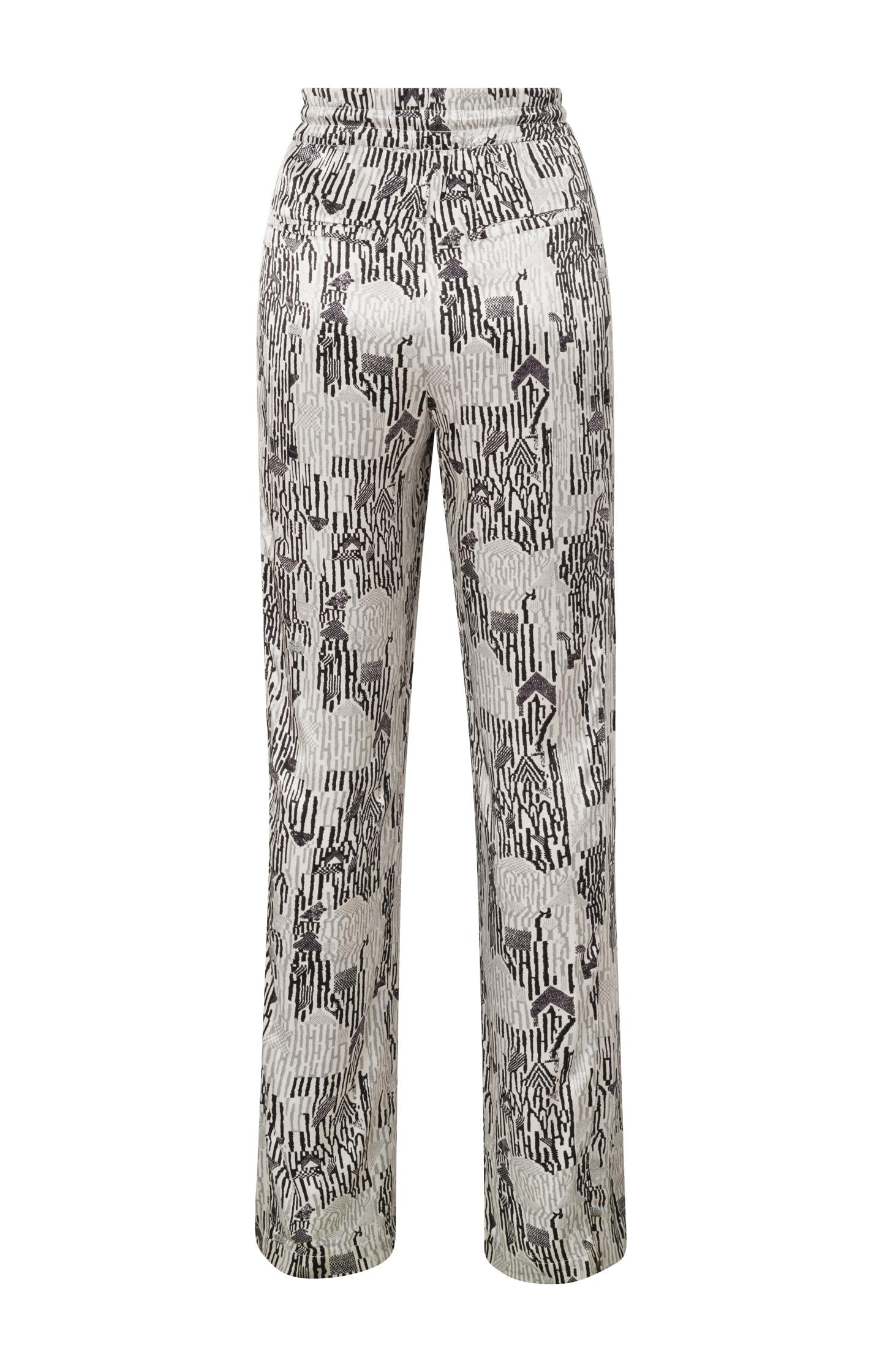 Satin woven trousers with wide leg, drawstring and print - Moonstruck Grey Dessin