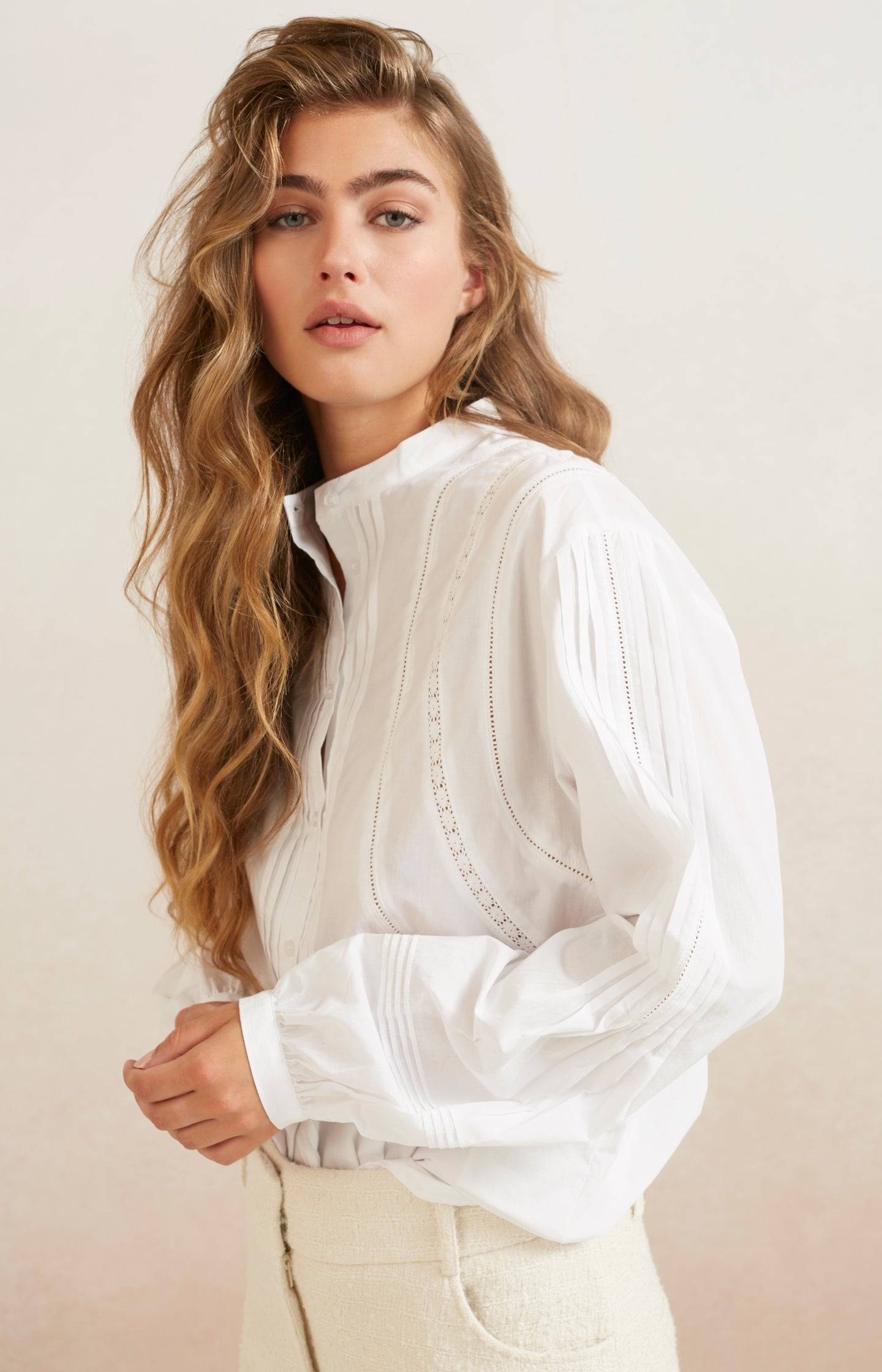 Soft poplin blouse with round neck and long puff sleeves - Type: lookbook