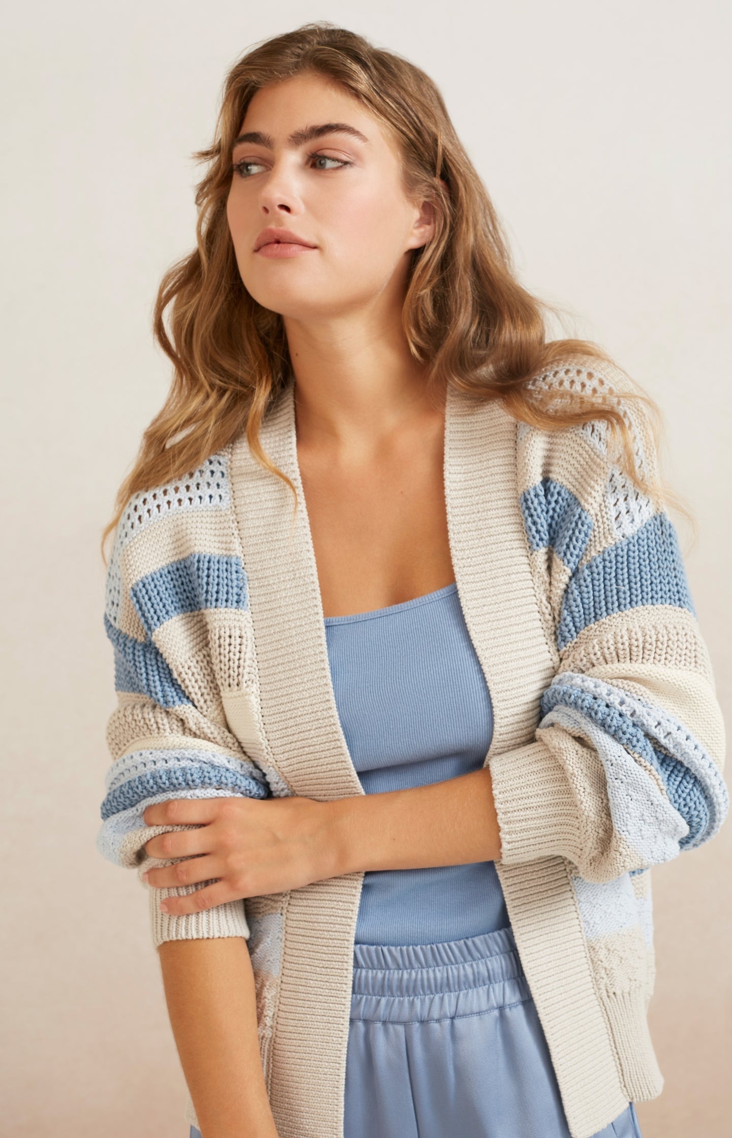 Textured cardigan with long sleeves and knitted stripes - Type: lookbook