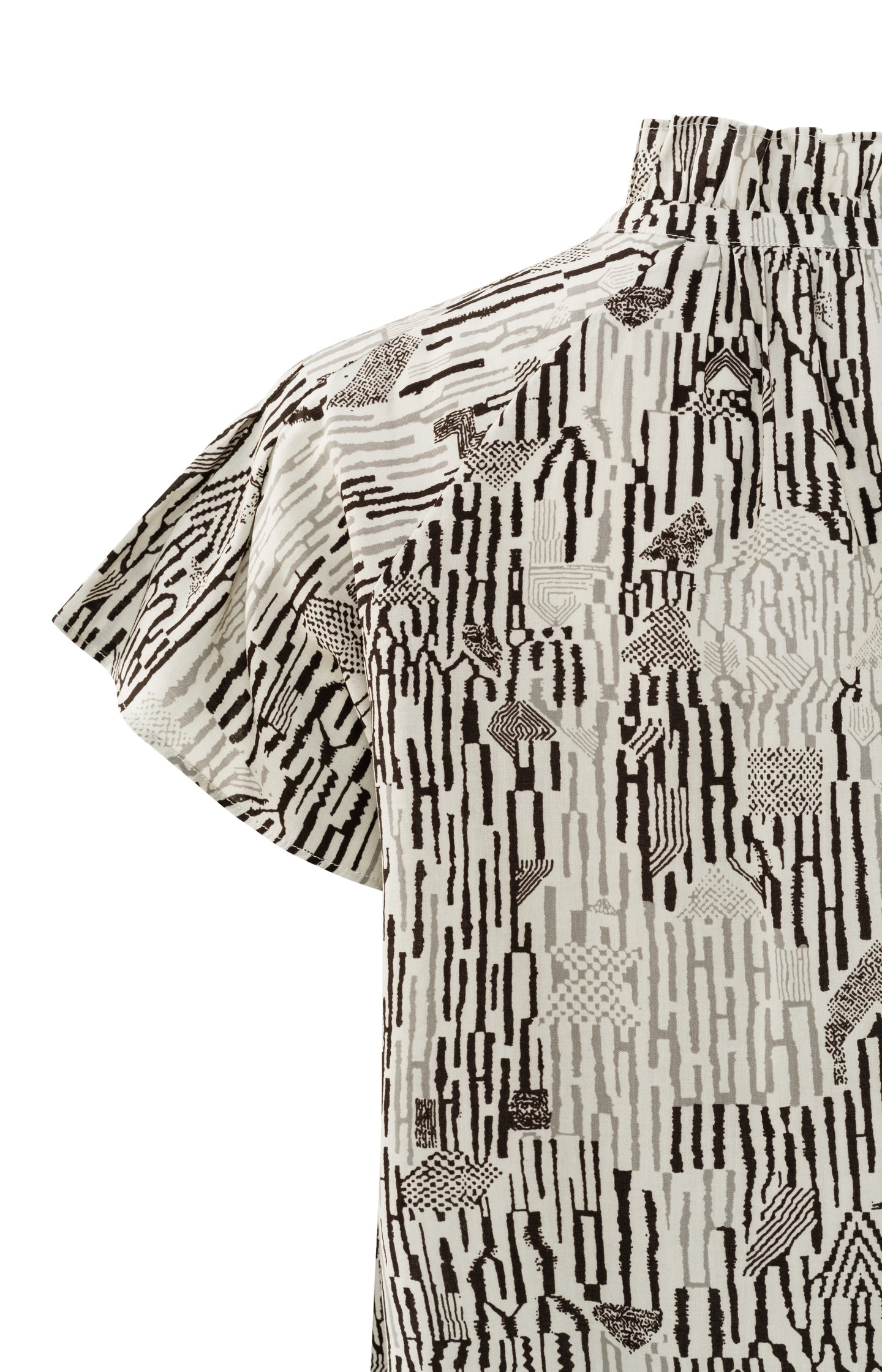 Top with high ruffled neck, short sleeves and print - Moonstruck Grey Dessin