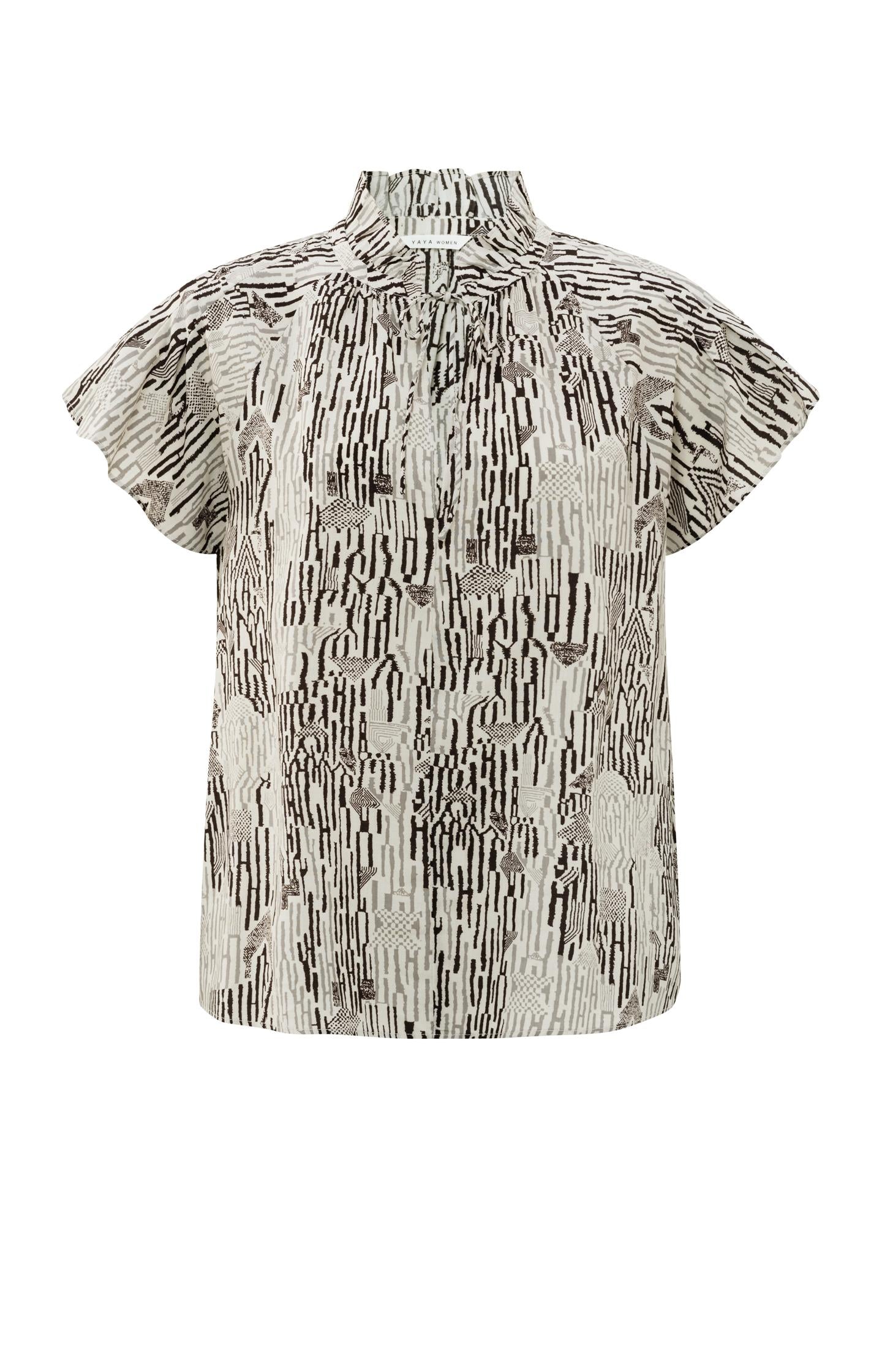 Top with high ruffled neck, short sleeves and print - Moonstruck Grey Dessin - Type: product