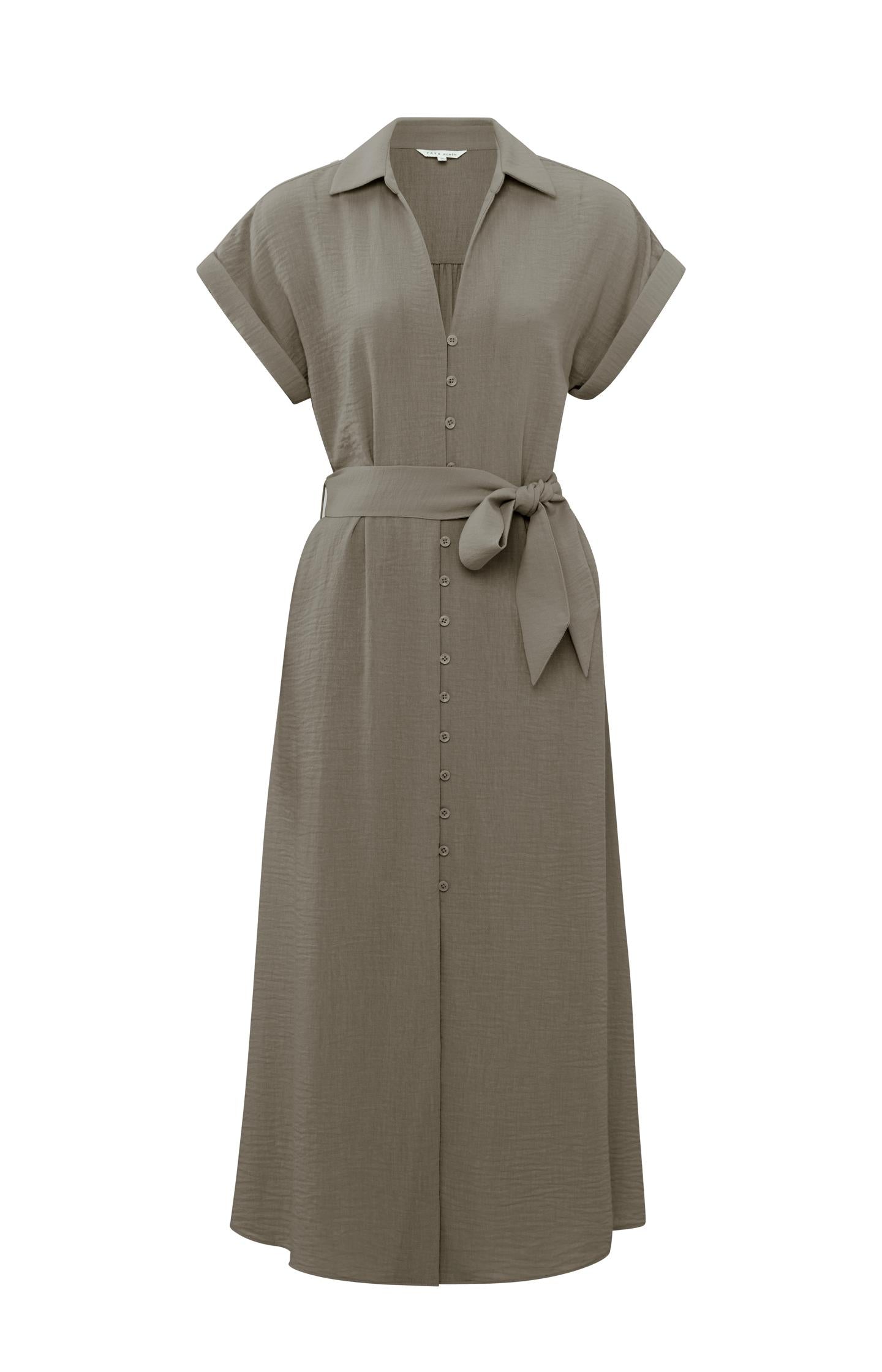 Woven midi dress with short sleeves and tie belt - Type: product