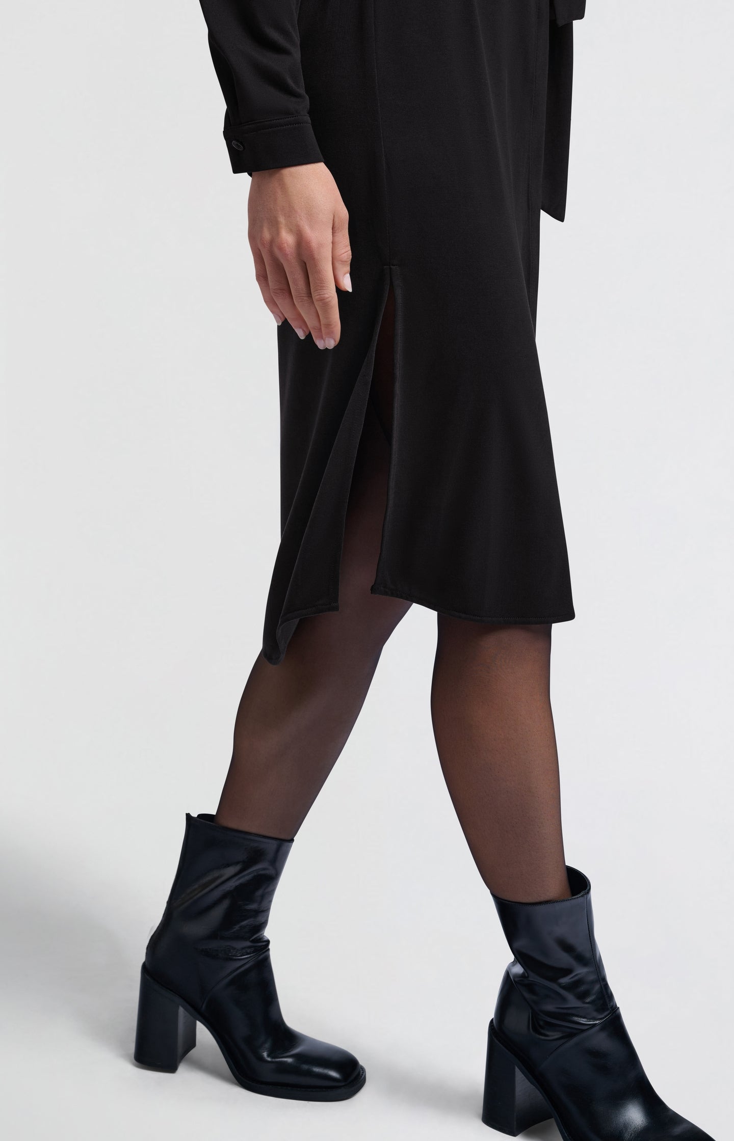 Black shirt dress with tie belt