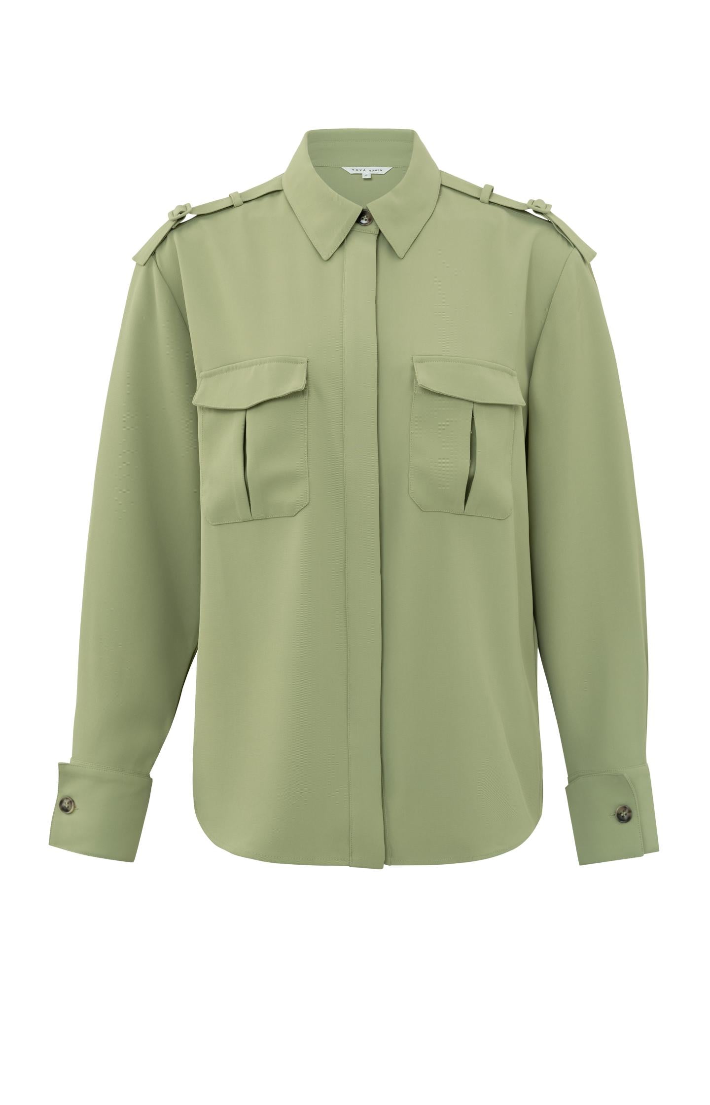 Cargo blouse with collar, long sleeves, buttons and pockets - Sage Green - Type: product