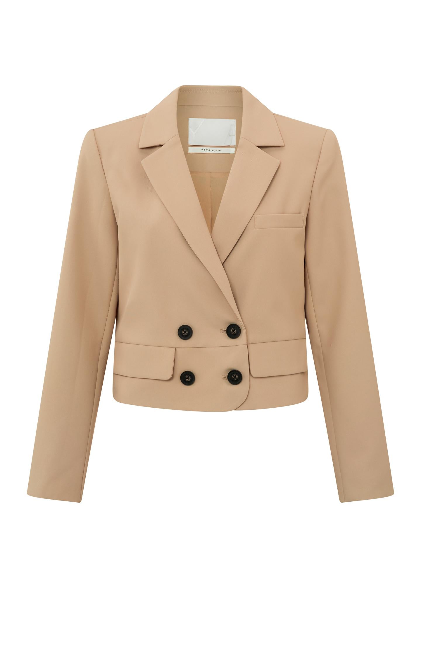 Cropped double breasted blazer with long sleeves and collar - Tannin Brown - Type: product