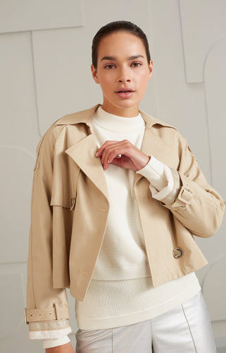 Cropped trench coat with long sleeves and shoulder details