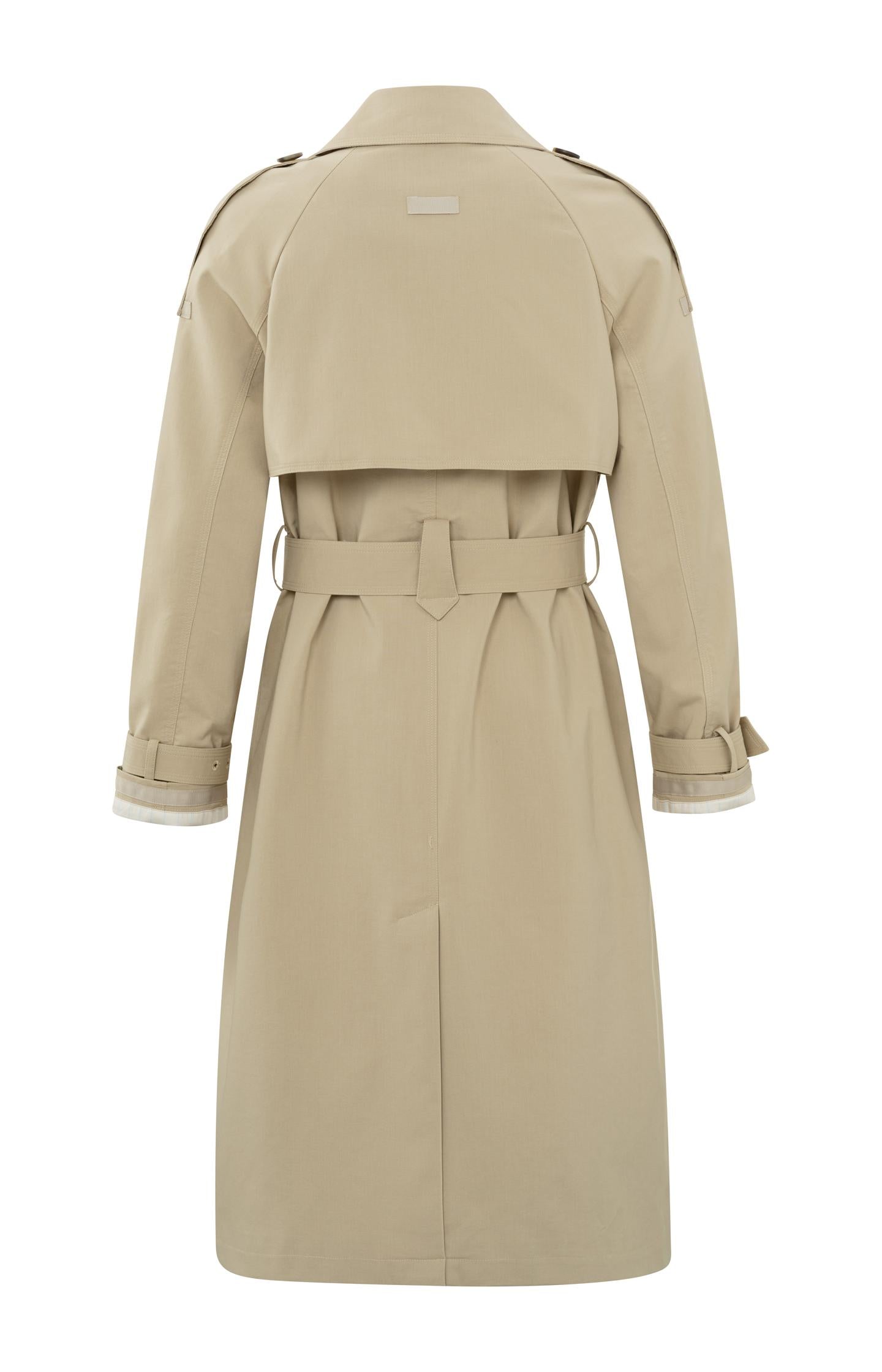 Double breasted trench coat with long sleeves, pockets and belt