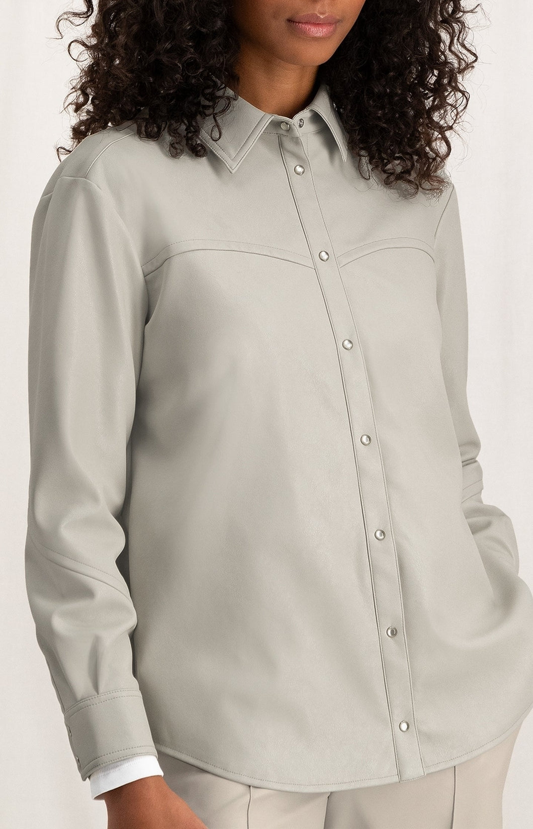 Faux leather blouse with collar, long sleeves and buttons - Silver Lining Beige - Type: closeup