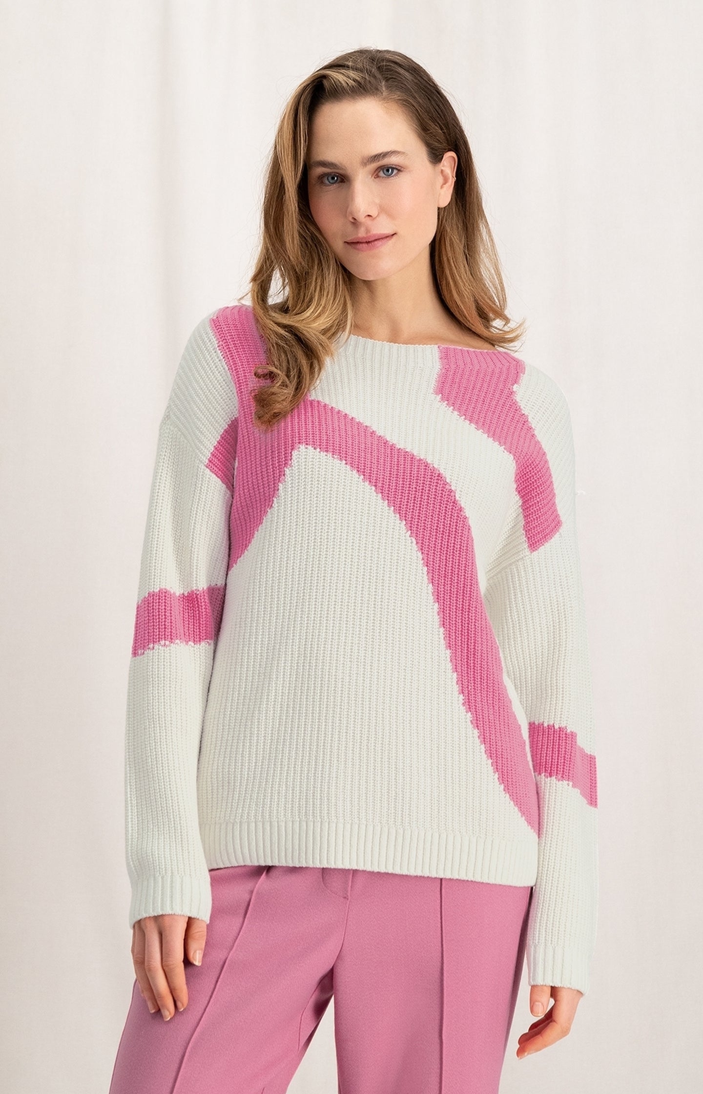 Jacquard sweater with boatneck and long sleeves - Bone White Dessin - Type: closeup