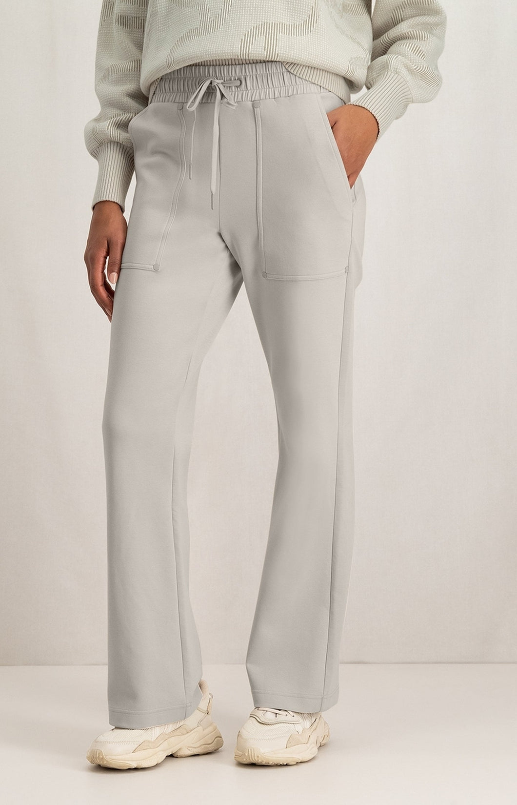 Jersey scuba trousers with flared leg, drawstring and pocket - Silver Lining Beige - Type: closeup