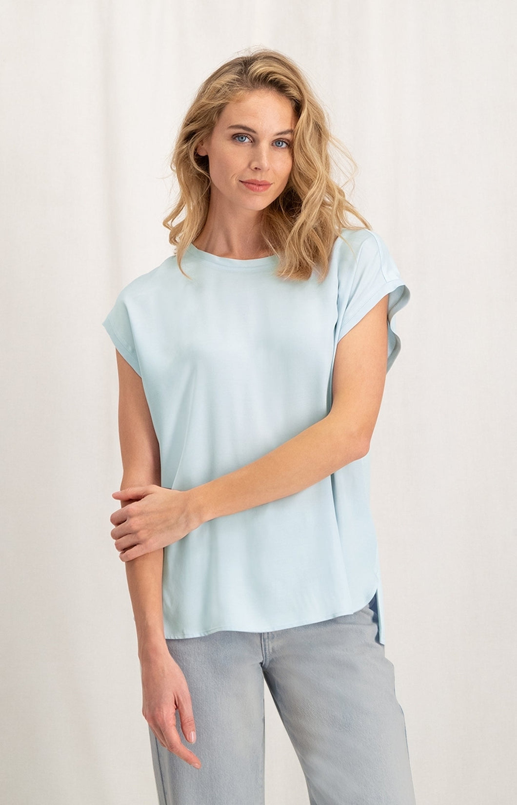 Sleeveless top with round neck in fabrix mix - Plein Air Blue