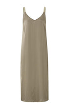 Load image into Gallery viewer, Strappy dress with V-neck, slit and waist cord in satin look - Weathered Teak Green
