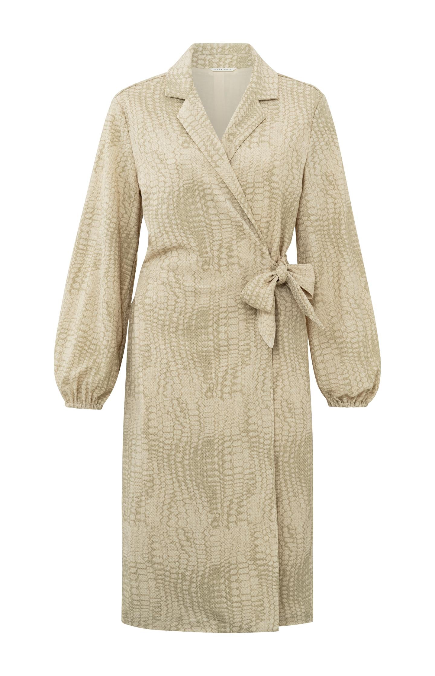 Wrap dress with V-neck, long balloon sleeves and snake print - Type: product